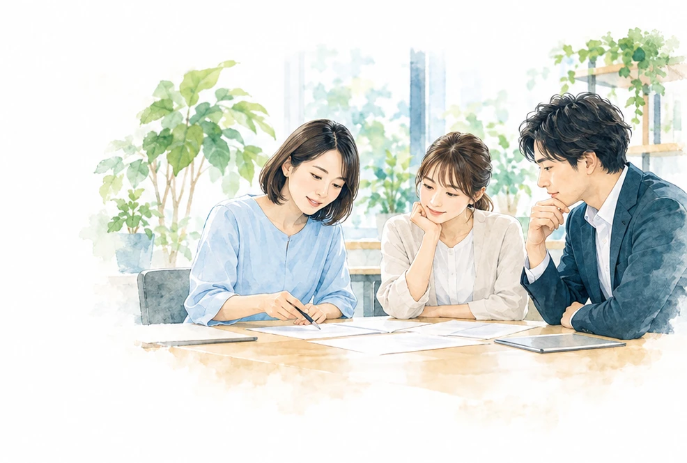 担当者と専門職が健康経営の計画を話し合うイメージ